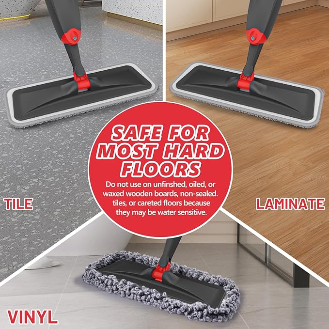 HOMTOYOU Microfiber Hardwood Floor Mop: Spray Mop for Cleaning Wood Floors | Wet Mopping & Dry Sweeping, 3 Reusable Refill Pads, 1Pcs 400+ML Refillable Bottle, 360° Swivel Head, Black