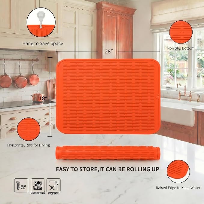 MicoYang Silicone Dish Drying Mat for Multiple Usage,Easy clean,Eco-friendly,Heat-resistant Silicone Mat for Kitchen Counter or Sink,Refrigerator or Drawer Liner Orange 3XL 28 inches x 18 inches