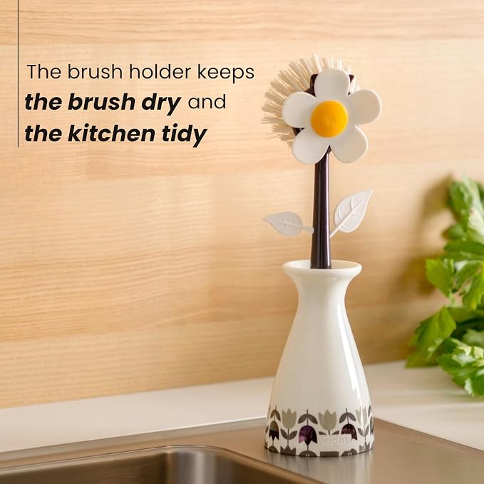 Vigar Flower Power Dish Brush - Flower-Shaped, Dish Brush with Handle and Vase Holder, Scrub Brush for Dishes, Dishwashing Brush, Kitchen Scrub Brush, Pot Scrubber, Kitchen Essentials - White, Black