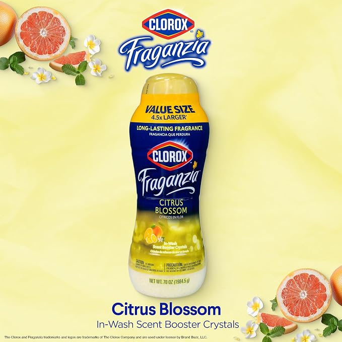 Clorox Fraganzia Laundry Scent Booster Crystals, In-Wash Fragrance Beads for Fresh-Smelling Clothes & Linens, Safe for All Fabrics & Colors, Easy-Pour Bottle, Citrus Blossom Scent, 70 Oz
