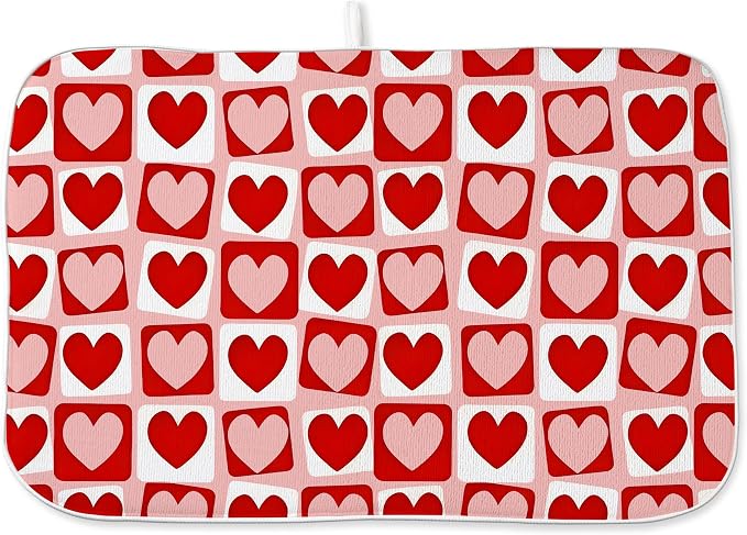 Valentines Day Dish Drying Mats 18x24 Inch Pink Red Heart Plaid Drying Mats Anniversary Holiday Checkered Valentines Decorations Absorbent Drying Dish Mats for Kitchen Dining Room Counter Decor