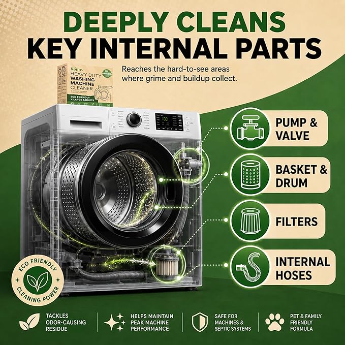 Renuv® Heavy Duty Washing Machine Cleaner & Descaler & Deodorizer Tablets | Deep Cleaning Tablets Remove Residue, Grime Buildup, Front Load or Top Load Washer, HE and Septic Safe, 6 Month Supply