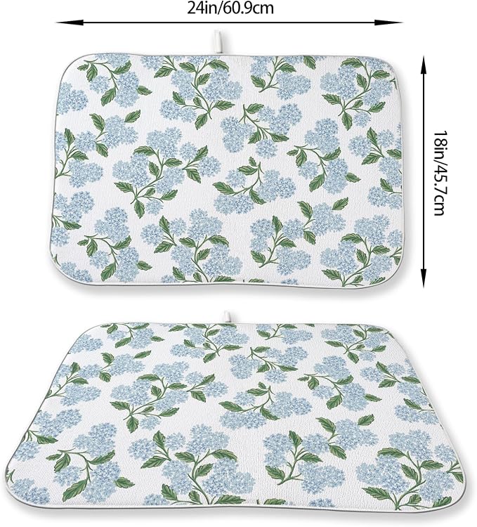 Blue Green Dish Drying Mat 18x24 Inch Vintage Floral Hydrangea Flower Drying Mat Spring Summer Absorbent Dish Drying Pad Dish Rack Drainer Mats for Kitchen Dining Counter
