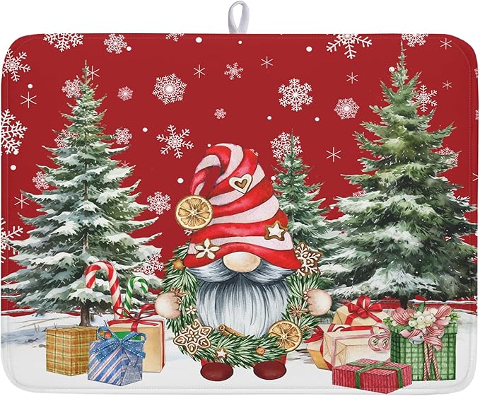 Christmas Dish Drying Mat for Kitchen Counter, Merry Christmas Dish Drying Mat 18 x 24 Inch Xmas Gnomes Absorbent Reversible Microfiber Dish Drying Pad Kitchen Drying Mat for Coffee Bar