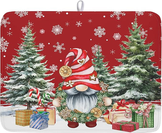 Christmas Dish Drying Mat for Kitchen Counter, Merry Christmas Dish Drying Mat 18 x 24 Inch Xmas Gnomes Absorbent Reversible Microfiber Dish Drying Pad Kitchen Drying Mat for Coffee Bar