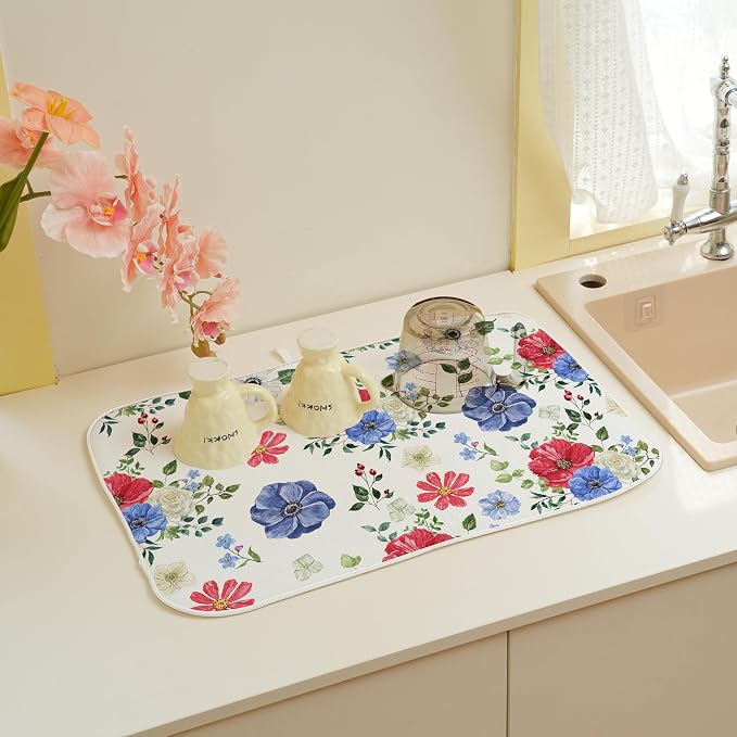 Blue Red Floral Dish Drying Mats 18x24 Inch Independence Day Flower Drying Mats 4th Of July Outdoor Decorations Absorbent Memorial Day Drying Dish Mats for Kitchen Dining Room Counter Decor