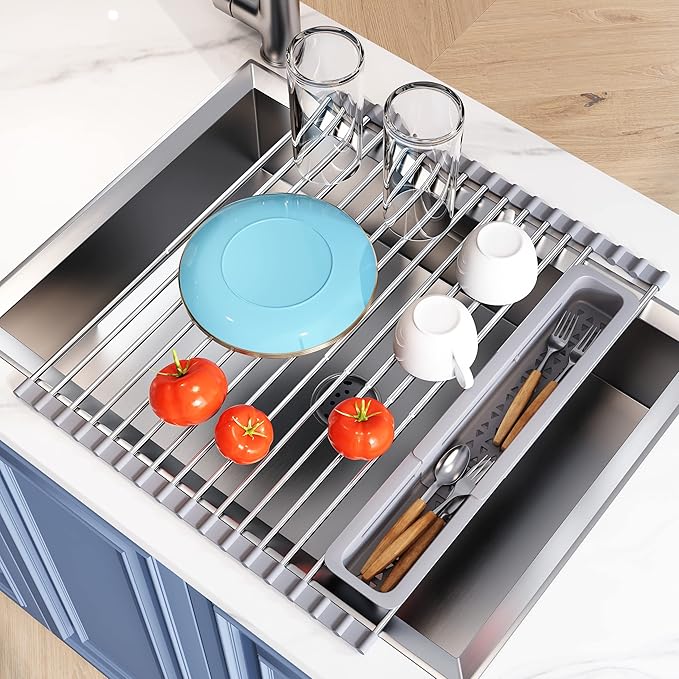 JASIWAY Roll Up Dish Drying Rack, Expandable (12.8"-23.8" D x 15.5" W) Stainless Steel Portable Drainer for Kitchen Sink Counter, Foldable Over The Sink Cover with Removable Utensil Holder, Gray