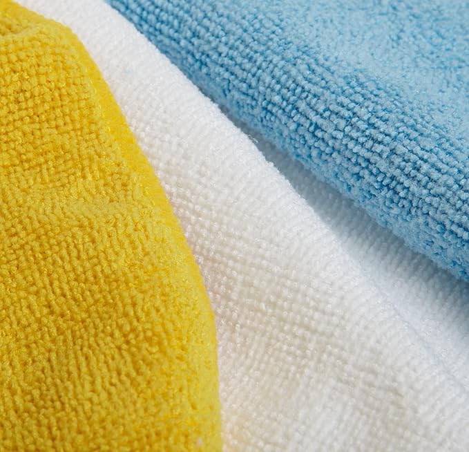 Amazon Basics Microfiber Cleaning Cloths, Ultra Absorbent, Scratch-Free, Highly Absorbent, Non-Abrasive, Reusable and Washable, 16" x 12", Blue/White/Yellow, (Pack of 288)