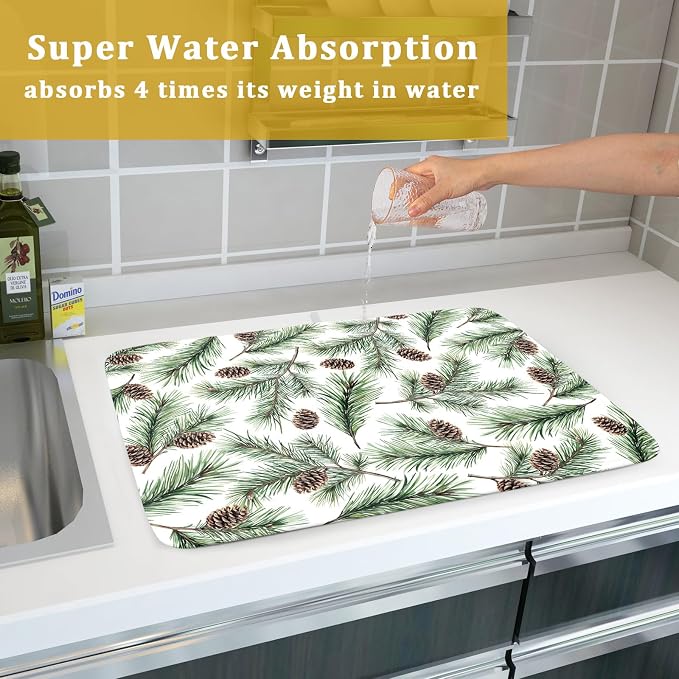 Winter Dish Drying Mat for Kitchen Counter Pine Needle Cone Festival Xmas Microfiber Absorbent Dish Draining Reusable Washable Foldable Extra Large 18"x24"