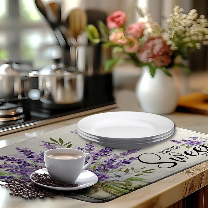 Spring Lavender Floral Dish Drying Mats Spring Summer Dish Mat Purple Flowers Butterfly Drying Matt Dishes Dryer Pad for Kitchen Counter Absorbent Microfiber Washable Foldable Reusable 18x24 in