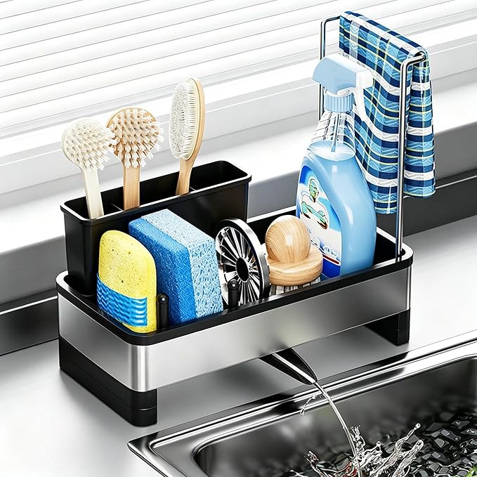 304 Stainless Steel Sink Caddy with Auto-Drain, Rustproof Sink Organizer, Sponge Holder with Removable Brush Holder & Towel Rack, Countertop Storage for Dish Soap Dispenser, Kitchen Sink Accessories