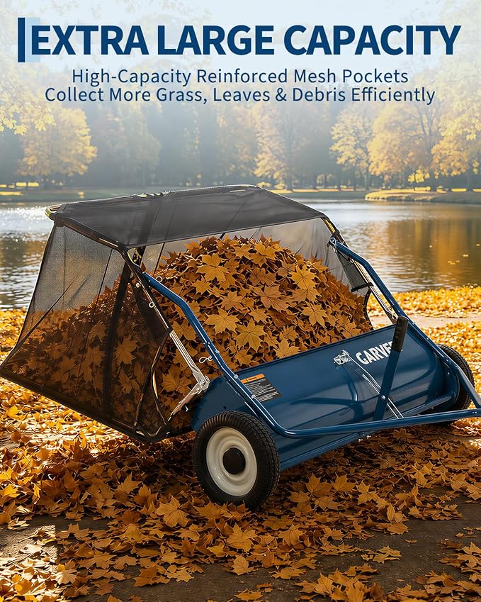 Garvee Tow Behind Lawn Sweeper 48 Inch, 16 cu.ft. Heavy Duty Leaf & Grass Collector with Tool-Free Adjustable Brush Height, Dumping Rope for Yard, Driveway & Sidewalk Debris Cleanup