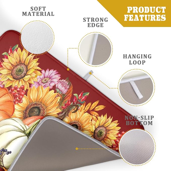 Fall Dish Drying Mat for Kitchen Counter Autumn Pumpkin Sunflowers Thanksgiving Microfiber Absorbent Dish Draining Reusable Washable Foldable Extra Large 18"x24"
