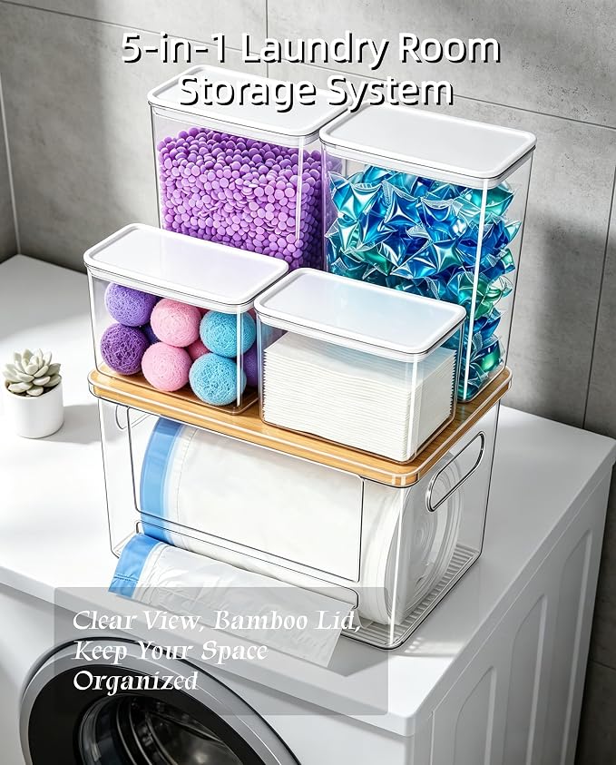 5-in-1 Under Sink Organizer with Trash Bag Dispenser & Acrylic Containers, Clear Laundry Pod & Dishwasher Pod Storage, Bamboo Lid Kitchen Pantry Organization