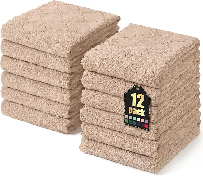 Homaxy 12 Pack Dish Towels for Kitchen (10 x 20 Inches, Tan), Super Soft and Absorbent Coral Velvet Dish Cloths for Washing Dishes, Nonstick Oil Fast Drying Microfiber Cleaning Cloth