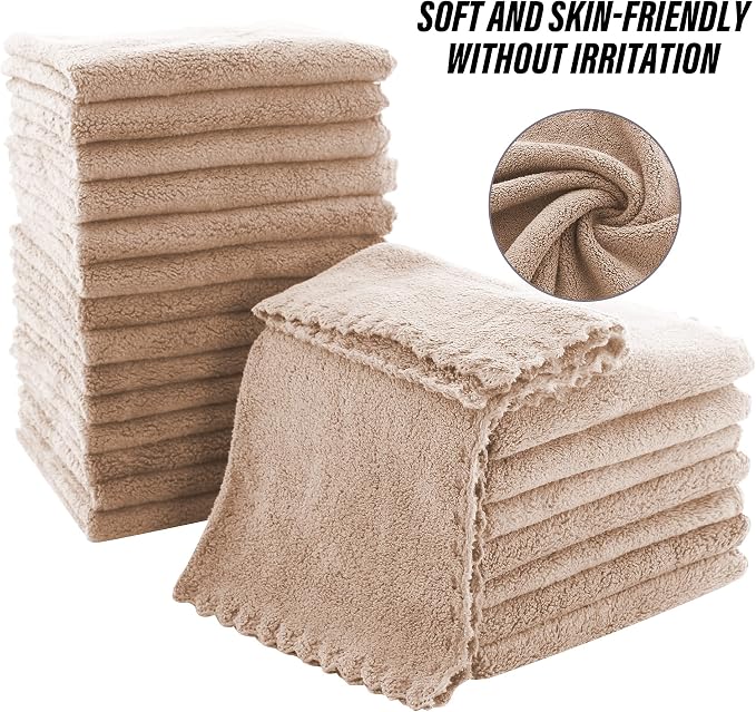 MOONQUEEN Ultra Soft Premium Washcloths Set - 12 x 12 inches - 24 Pack - Quick Drying - Highly Absorbent Coral Velvet Bathroom Wash Clothes - Use as Bath, Spa, Facial, Fingertip Towel (Brown)