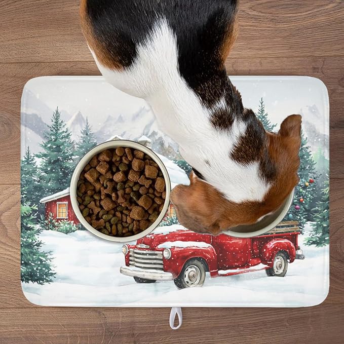 Winter Snowscape Dish Drying Mat for Kitchen Counter Christmas Red Truck Trees Dish Drainer Mat Xmas Holiday Rustic Farmhouse Absorbent Washable Drying Pad 18"x24"