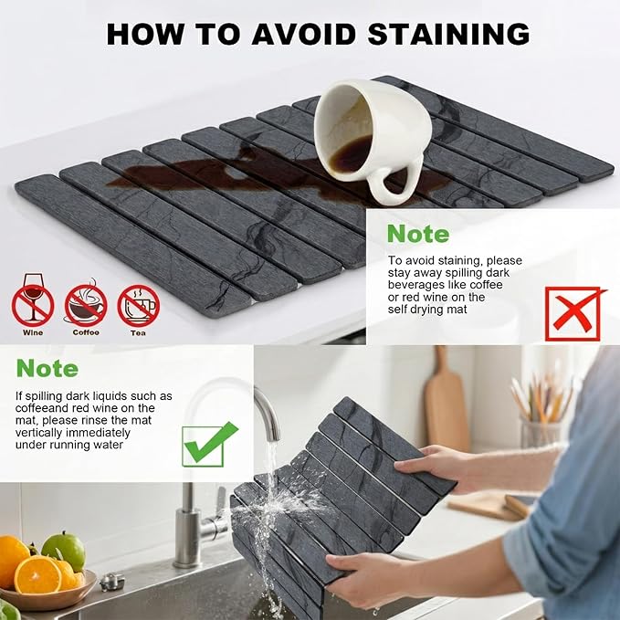 Stone Drying Mat for Kitchen Counter, Quick Diatomaceous Earth Mats for Dishes, 24"L x 16" W Super Absorbent Fast-Drying Collapsible Countertop Stone Mat (Marble Grey-04, 24" x 16")