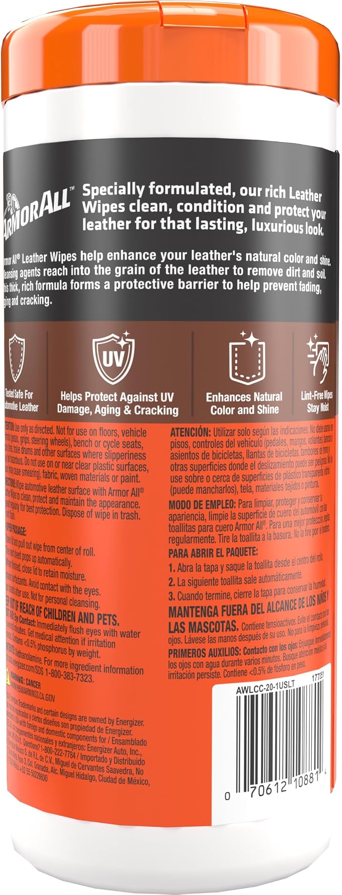 Armor All Car Interior Cleaner Leather Wipes - Cleaning for Cars & Truck & Motorcycle, 20 Count (Pack of 6), 10881