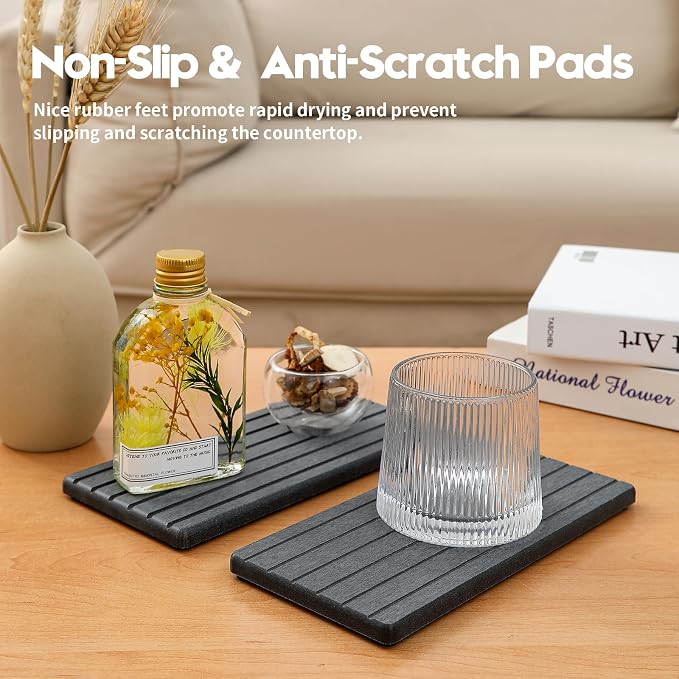 Razborci 2PCS Diatomite Water Absorbing Stone Drying Tray Mat for Bathroom & Kitchen Counter, Instant Dry Drink Bar Coaster, Vanity Sink Caddy Organizer, Dish Soap Sponge Holder, Dark Gray, 8"x3.8"