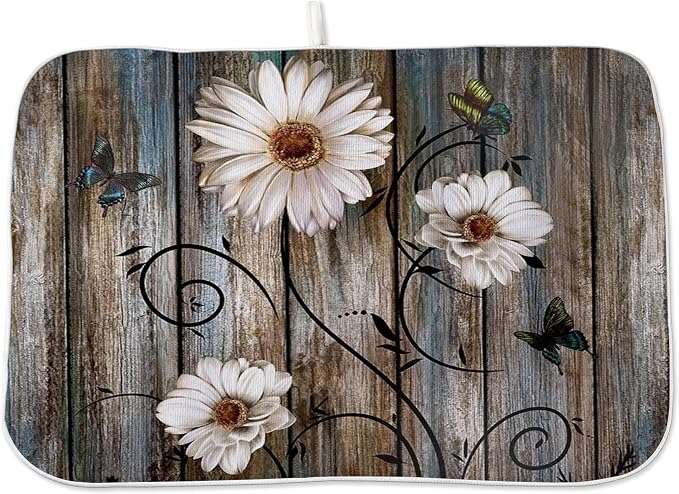 Brown Dish Drying Mat 18x24 Inches For Kitchen Counter Absorbent Daisy Floral Kitchen Decoration Spring Summer Flower Drying Mat Pad For Home Kitchen,Dining Room,Office Decoration