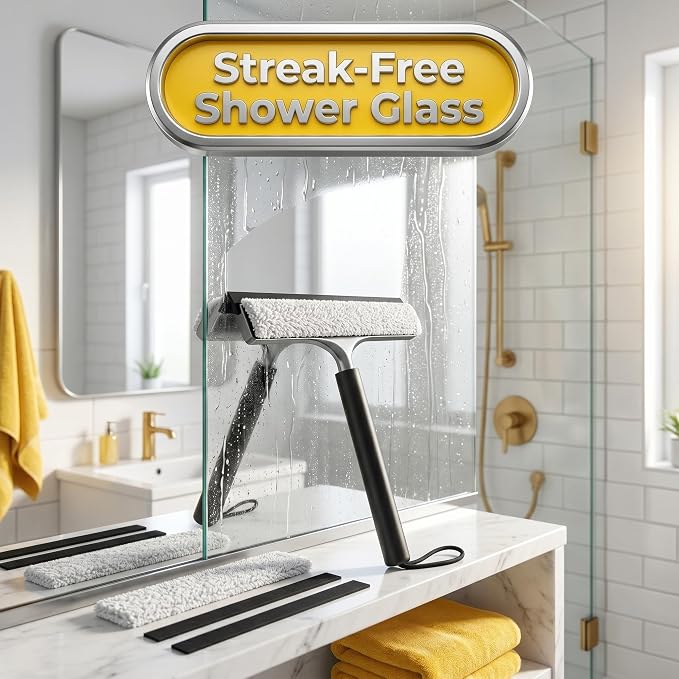 Telescopic 2-in-1 Window Squeegee with Scrubbing Pad | Works on shower glass, tile walls, floors, mirrors & windows; long extendable handle cleans high areas, easy storage