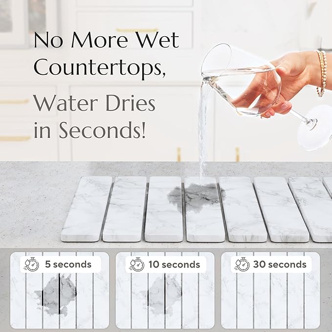 CHROME CLUB Stone Drying Mat for Kitchen Counter - Collapsible Diatomaceous Earth Dish Drying Stone - Fast Absorbent Stone Dish Drying Mat for Dishes and Pots (White Marble)