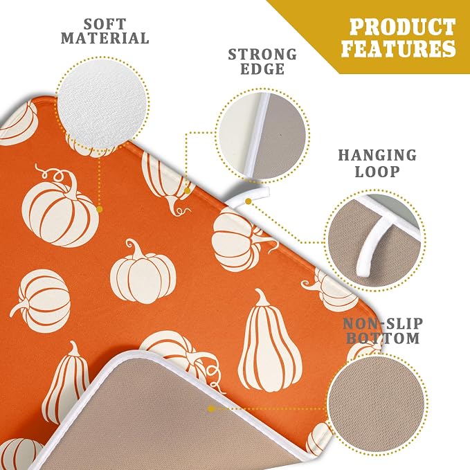 Fall Dish Drying Mat for Kitchen Counter Autumn White Pumpkins Festival Microfiber Absorbent Dish Draining Reusable Washable Foldable 16"x18"
