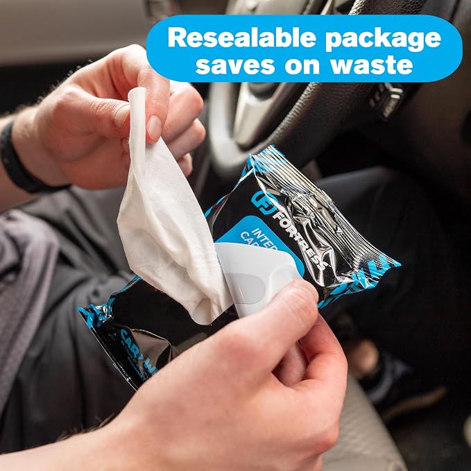 Fortress Car Interior Wipes with Microfiber Cloth (25 ct, Pack of 4) for Car Interior Cleaning, Dashboard, Seats, Detailing, and Steering Wheel [Travel Size] Skin-Safe Car Interior Cleaner Supplies