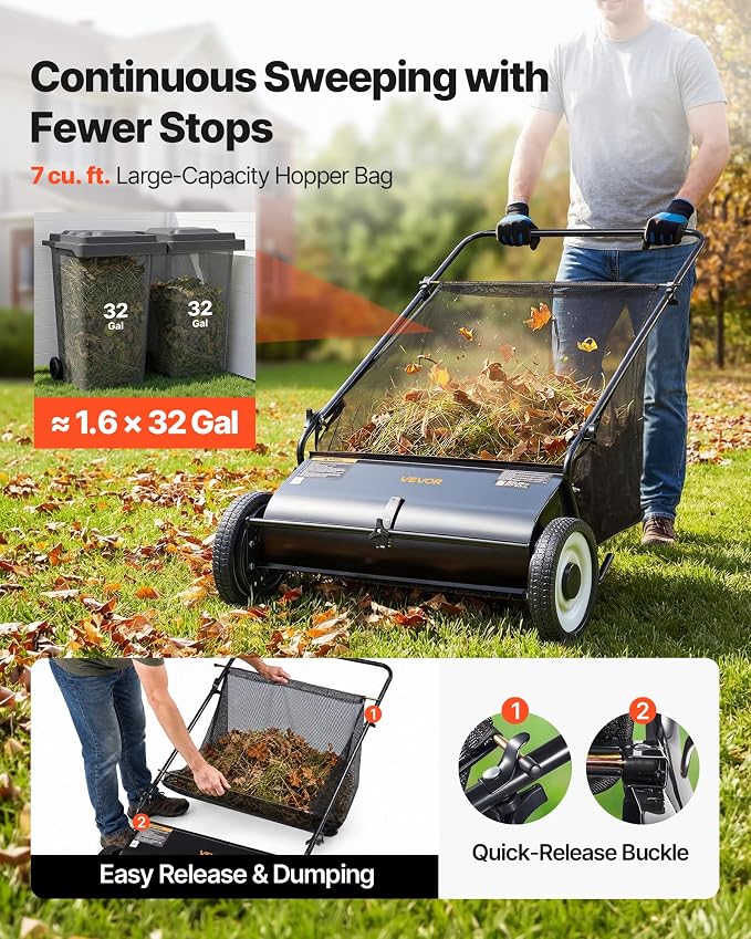 VEVOR Push Lawn Sweeper 26 Inch Leaf & Grass Collector Strong Rubber Wheels | Heavy Duty Thickened Steel Durable to Use with Large Capacity 7 ft³ Mesh Collection Bag, 4 Spinning Brushes