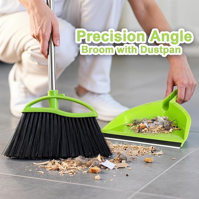 Soft Bristle Broom and Dustpan Combo Set, Long Handle Indoor Broom (Green) | No-bend Long Handle & Angled Head Sweep Dust Effortlessly. Rubber Strip Locks Fine Particles. For hardwood, tile