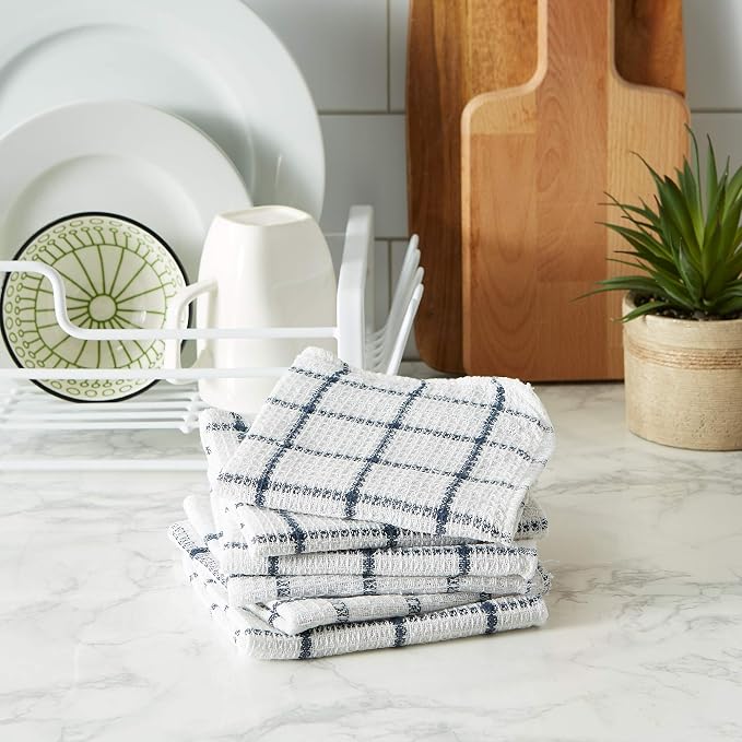 DII Scrubber Dishcloths Collection Windowpane Dishrag Set, 12x12, White/Nautical Blue Stripe, 6 Piece