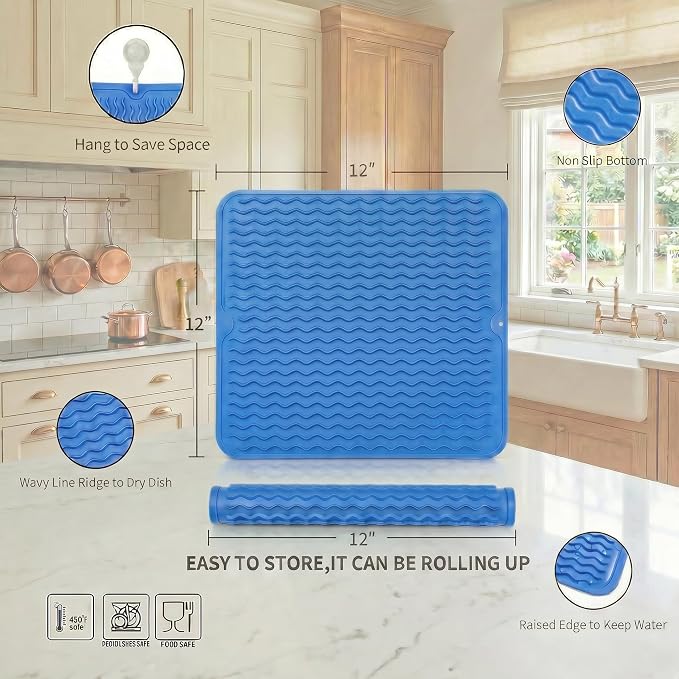 MicoYang Silicone Dish Drying Mat for Multiple Usage,Easy clean,Eco-friendly,Heat-resistant Silicone Mat for Kitchen Counter or Sink,Refrigerator or Drawer liner Lichen BlueL M 12 inches x 12 inches