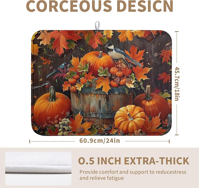 Fall Pumpkin Maple Leaf Bird Dish Drying Mat for Kitchen Counter 18x24 Inch Autumn Harvest Reversible Microfiber Drying Mats Thanksgiving Drying Pad Orange Brown Super Absorbent Dish Drainer Mats