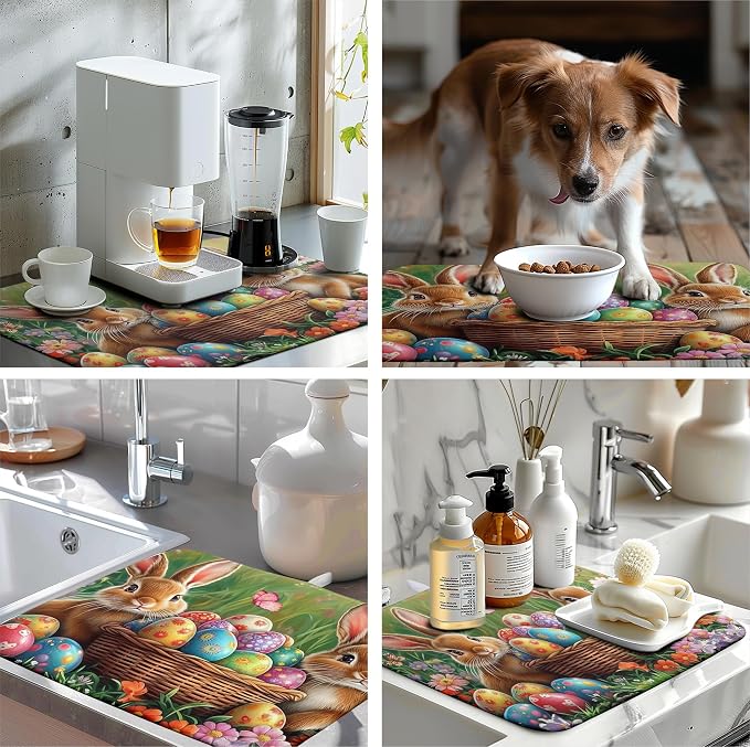 Easter Bunny Eggs Dish Drying Mat for Kitchen Counter 18x24 Inch Spring Easter Rabbit Flowers Large Drying Mat Microfiber Dish Drainer Rack Mats Absorbent Reversible Dishes Pad Dish Dryer Mat