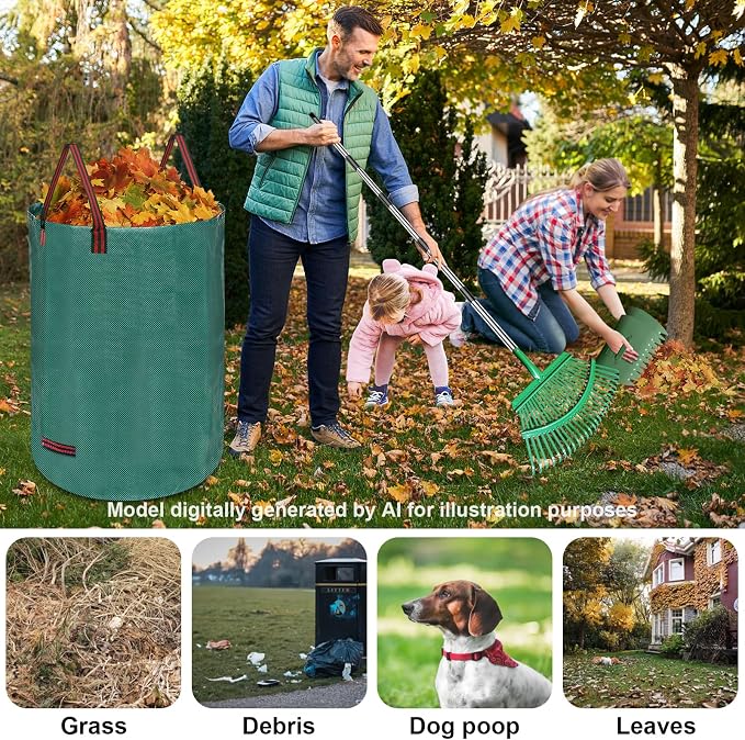 Adjustable Metal Leaf Rake Set – 25 Tines, 38-73" Handle, 19" Wide with 2 Pack 32-Gallon Leaf Bags & Scoops – Heavy Duty Garden Rake for Lawns, Shrubs, Grass, Flower Beds & Outdoor Use