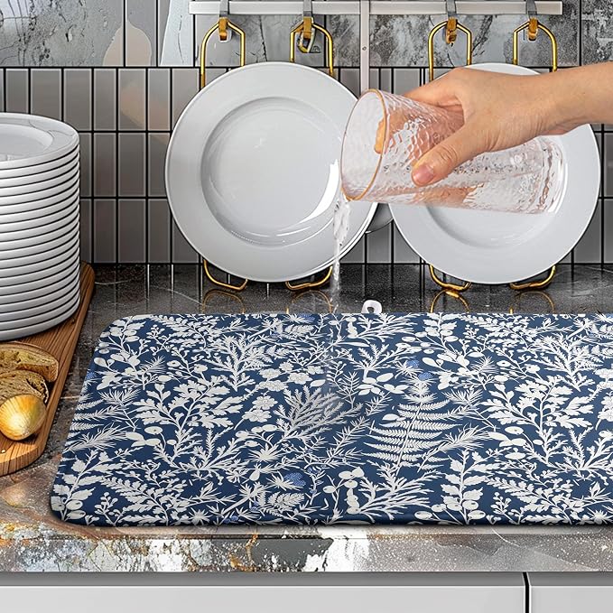 Blue and White Plant Dish Drying Mat Botanical Fern Leaves Floral Drying Mats for Kitchen Counter Microfiber Absorbent Dish Draining Mat Reusable Washable Dish Rack Pad 18x24 Inch