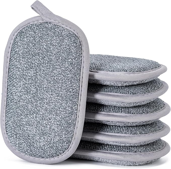 Dual-Sided Multi-Purpose Scrub Sponges, Non-Scratch Dishwashing Sponges for Kitchen, Reusable Microfiber Sponge for Efficiently Cleaning Dishes, High Density Sponge Inside (6 Pack, Large) Gray