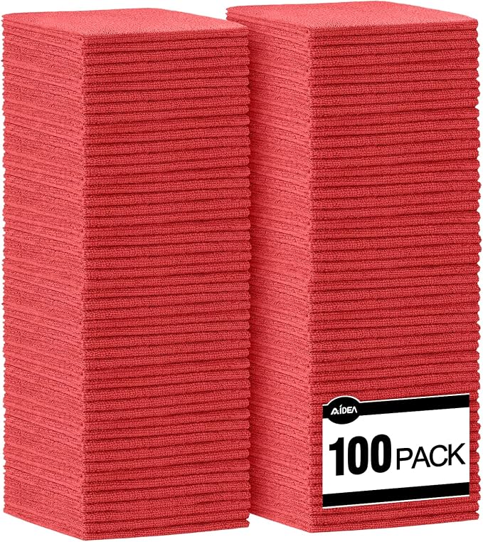 AIDEA Microfiber Cleaning Cloth Red-100PK, Soft Absorbent Shop Rags, Microfiber Towels for Cars, Kitchen Towels, Dusting Cloth for Home, Window, Cleaning Supplies, 12"×12"