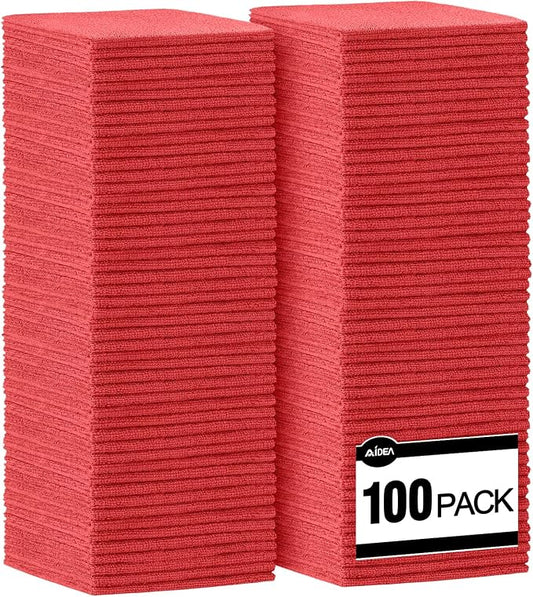 AIDEA Microfiber Cleaning Cloth Red-100PK, Soft Absorbent Shop Rags, Microfiber Towels for Cars, Kitchen Towels, Dusting Cloth for Home, Window, Cleaning Supplies, 12"×12"