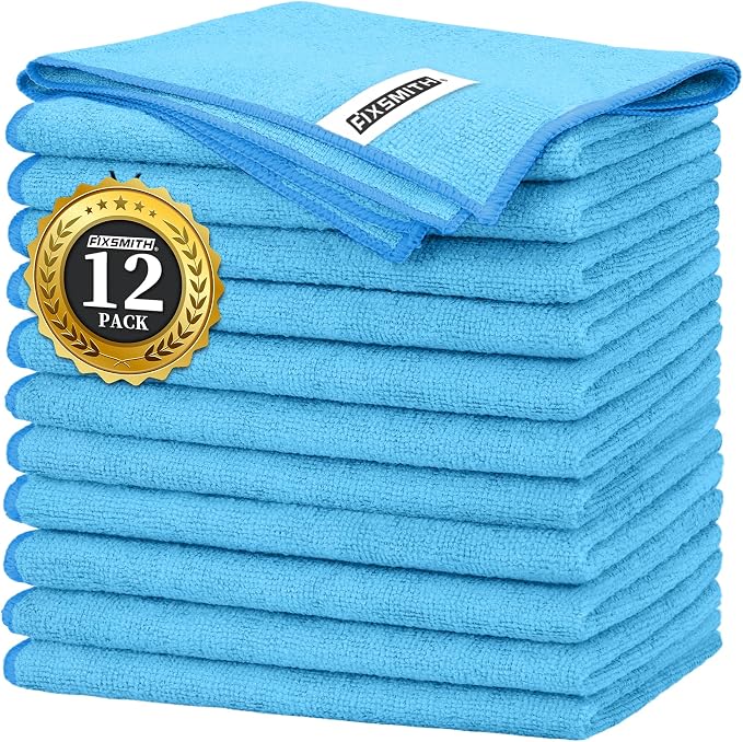 FIXSMITH Blue Microfiber Cleaning Cloth -Pack of 12, Highly Absorbent Cleaning Rags, 16"X12" All Purpose Cleaning Towels for Housekeeping, Kitchen, Car, Lint Free and Reusable Microfiber Towels