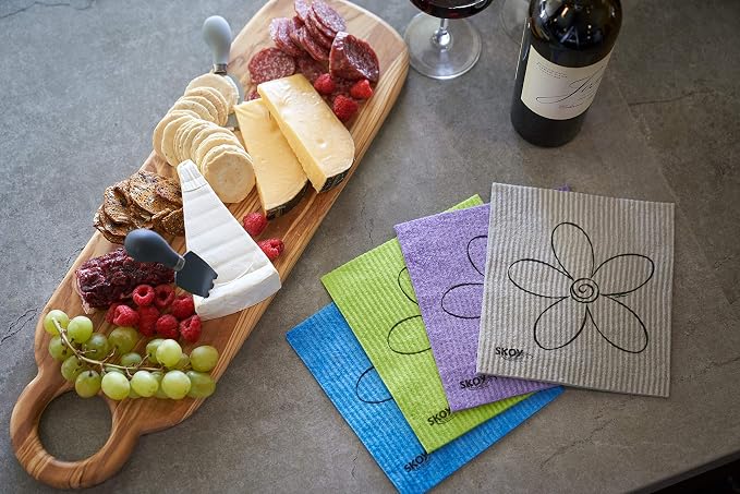 Skoy Cloth, 4-Pack Versatile Swedish Dishcloths for Kitchen and Household Use, Reusable Cleaning Cloths, Planet-Friendly, Dishwasher and Dryer-Safe, Assorted Colors