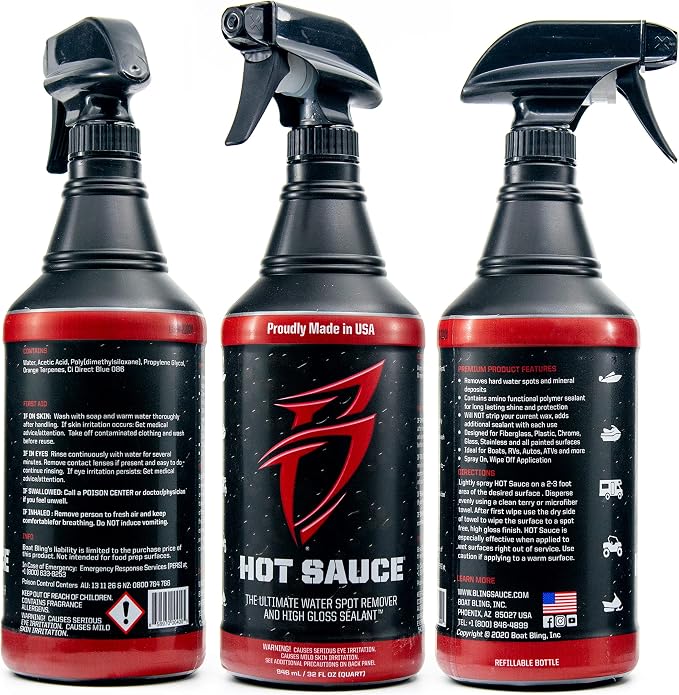 Bling Sauce Hot Sauce Hard Water Spot Remover with Wax Sealants, 1 Gallon | Hard water spot remover cleans without stripping wax, adds glossy sealants and works on boats, RVs, autos and glass