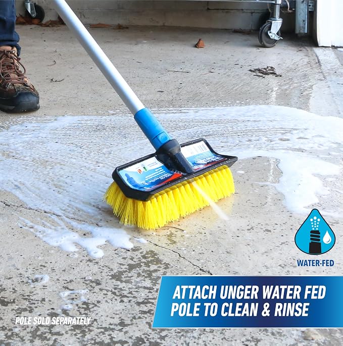 Unger Hydropower Lock-On 10" Bi-Level Scrub Brush | Dual-level bristles for deep scrubbing; ideal for garage, driveway, deck, concrete & brick
