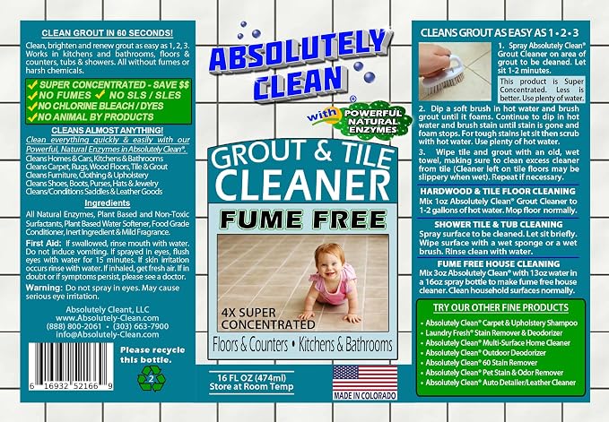 Absolutely Clean FAST GROUT CLEANER! - Professional Strength, Natural Enzyme Formula - Fast Acting, Fume Free - USA Made (16oz 2 Pack Cleans Up To 500 sq ft)