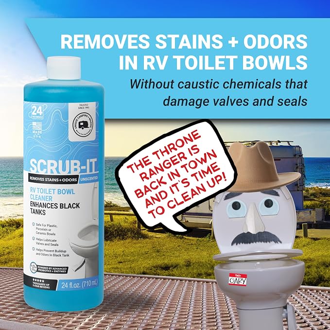 Unique Scrub-It Liquid RV Toilet Bowl Cleaner, Helps Lubricate Seals, 24 oz | Targeted squirt-top bottle for RV toilet bowls, cleans stains, odors, & debris; non-caustic formula; unscented