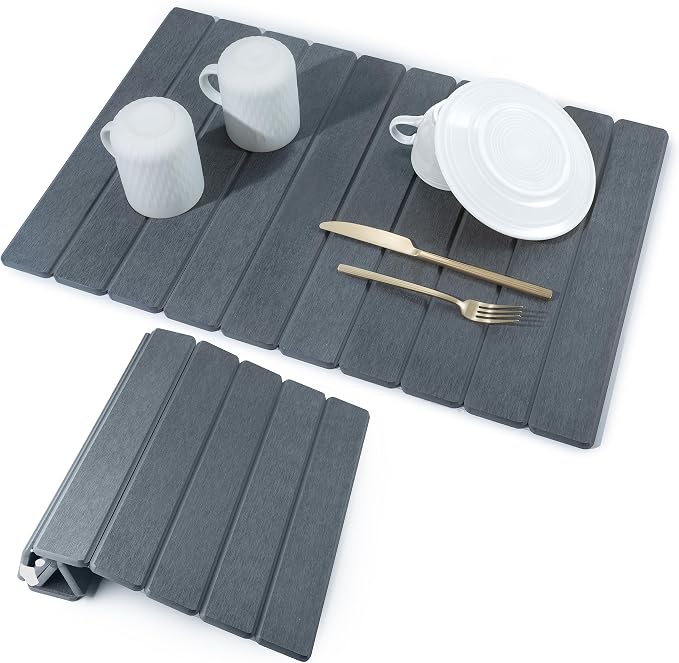 Large Stone Dish Drying Mat for Kitchen Counter 24" x 16" – Diatomaceous Earth Quick Dry Water Absorbing Mat –Roll up Drying Pads – Countertop Mats For Plates Dishes Rack –Matt Finish -Dark Gray