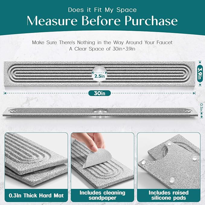 Stone Faucet Mat for Kitchen Sink, Food-Grade Diatomite Stone Drying Mat for Kitchen Counter, 2026 Upgraded Dishwasher-Safe & Ultra Absorbent, Stone Dish Matt for Bottles Utensils (30" x 3.9")