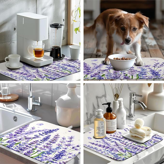 Purple Lavender Dish Drying Mat for Kitchen Counter Spring Summer Flower Floral Dishes Drainer Mats Absorbent Microfiber Dish Drying Pad Washable Dish Draining Mat Extra Large 18x24 Inch