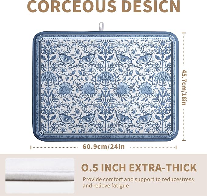 Blue Floral Dish Drying Mat for Kitchen Counter Boho Flowers Dishes Drainer Mats Rustic Farmhouse Microfiber Absorbent Dish Draining Spring Summer Reversible Dish Rack Pad Large 18x24 Inch